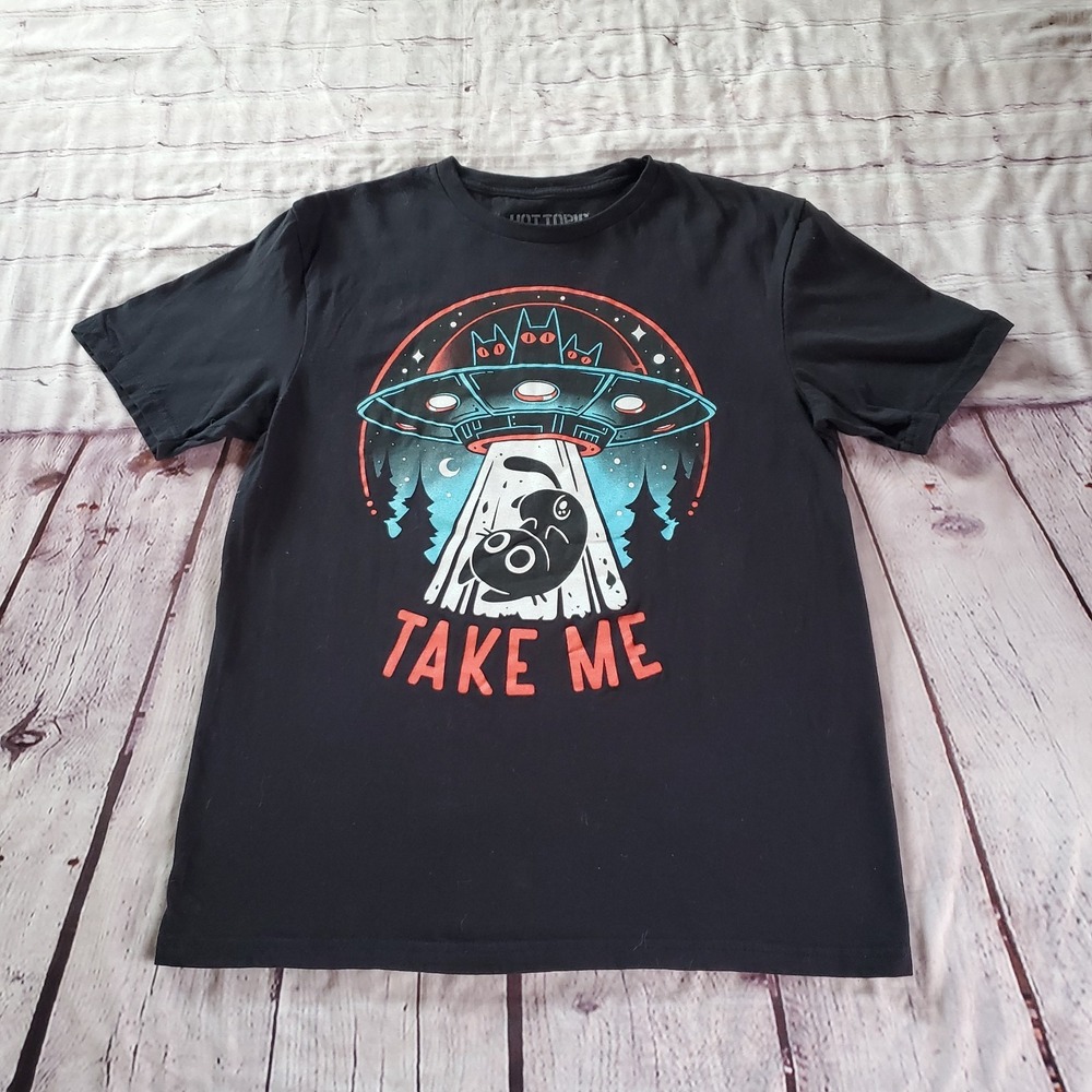 Cat UFO Black T-Shirt Short Sleeve Pullover Goth Festival Rockabilly Preppy Y2K